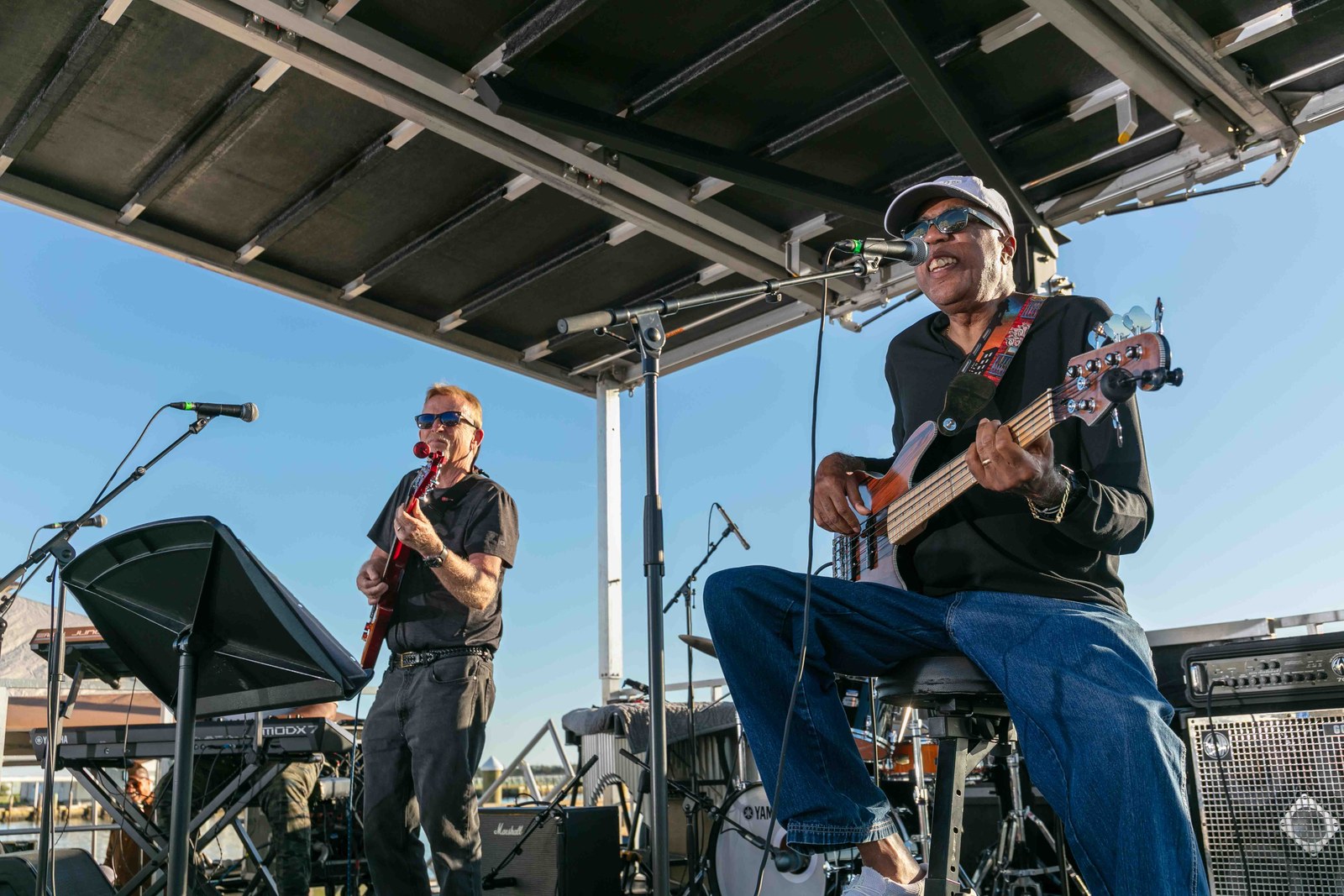 Elwood Bishop playing bass on the waterfront stage
