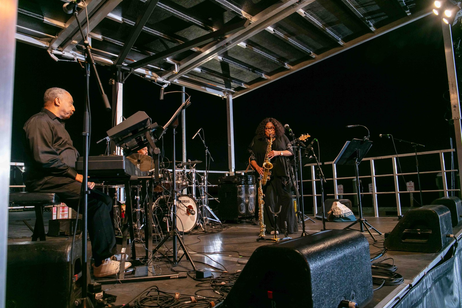 Musicians playing under stage lights