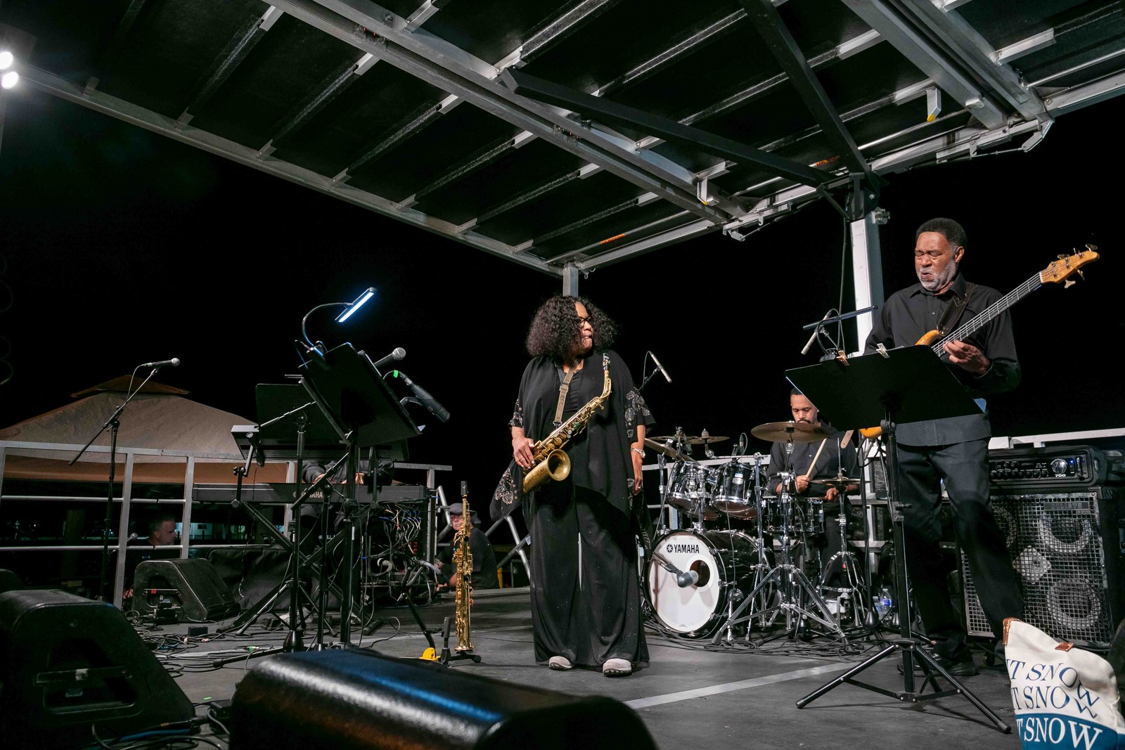 A wide view of the jazz ensemble after dark